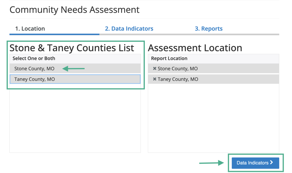 This image shows the first step of the Community Needs Assessment tool. Both Stone and Taney Counties have been selected as the report location. 