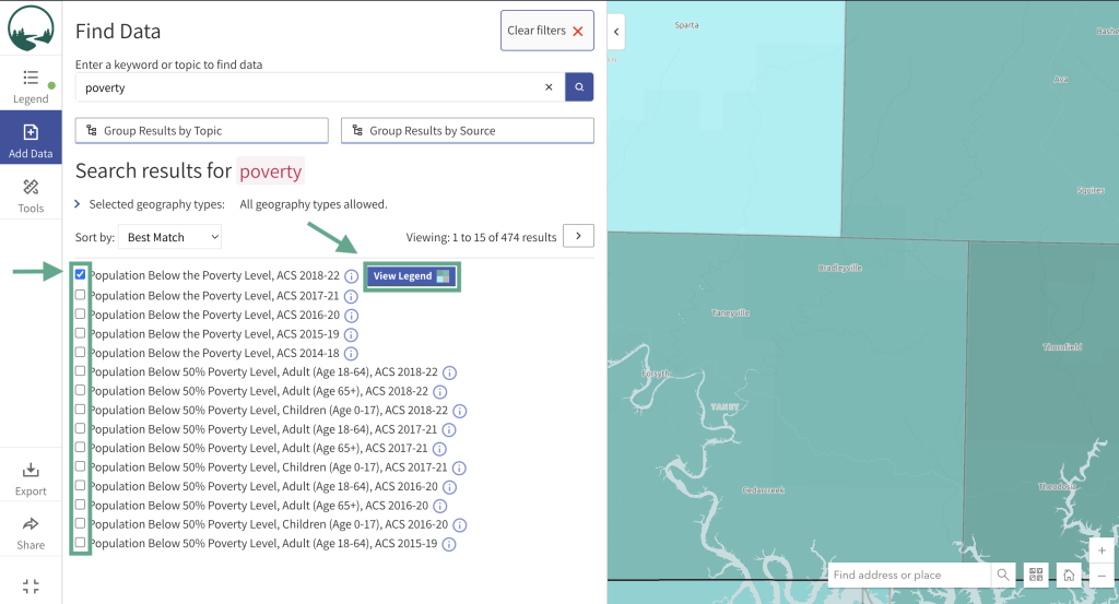 Step 2 of the map room. The picture shows a screenshot of the search data window. Users can click the check box to the left of a layer name to add it to the map. Users can click the "View Legend" button to view the map legend and exit the search data window. 