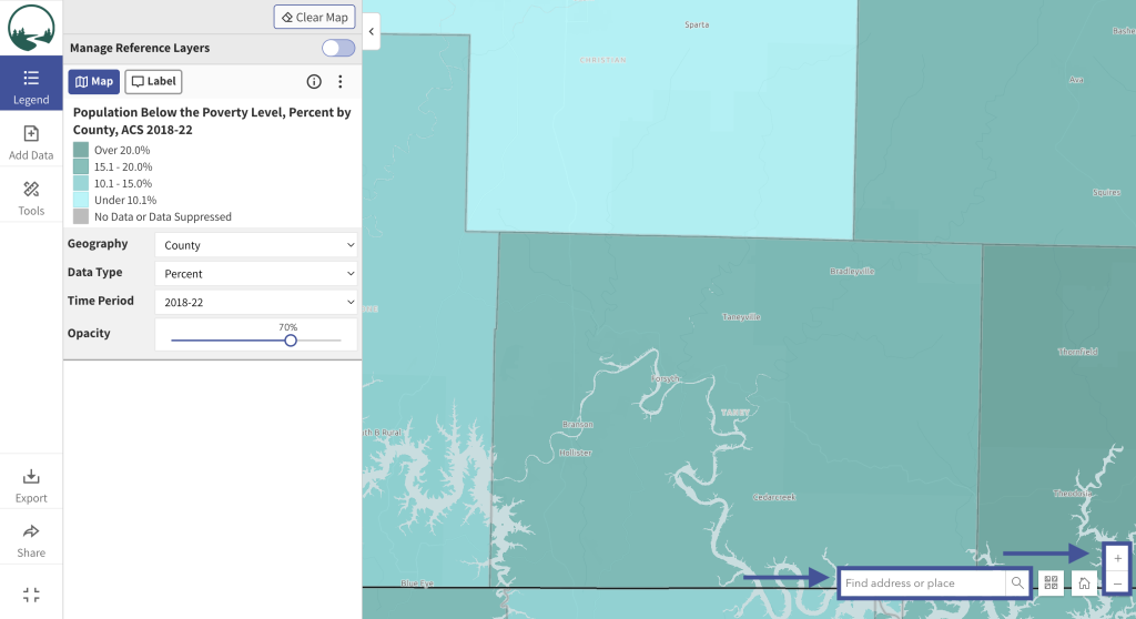 Step 3 of the map room. The picture shows a screenshot of the map room calling out the location search bar and plus and minus buttons at the bottom right of the map room. Users can type in a county, city, or address in the location search bar to zoom in. Users can also use the plus and minus buttons to zoom in and out. 