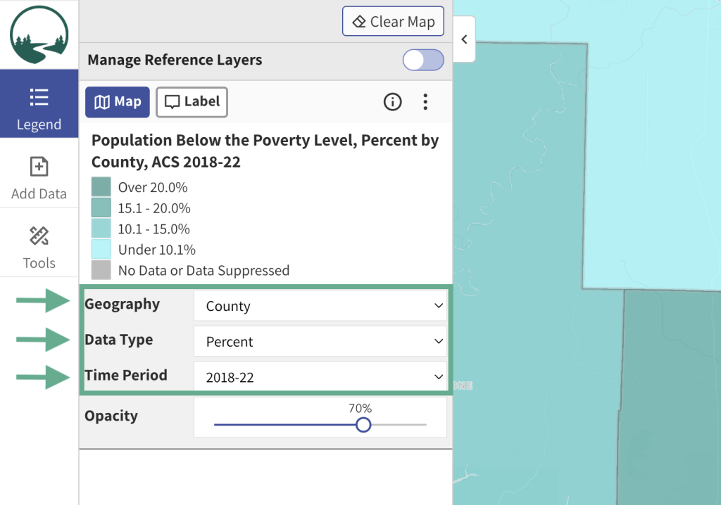 Step 4.1 of the map room. The picture shows an expanded view of the legend in the map room. The drop down menus below to the legend can be used to change the geographic extent of the data on the map, to change the data type from percent to total, or to change time periods (where available). 