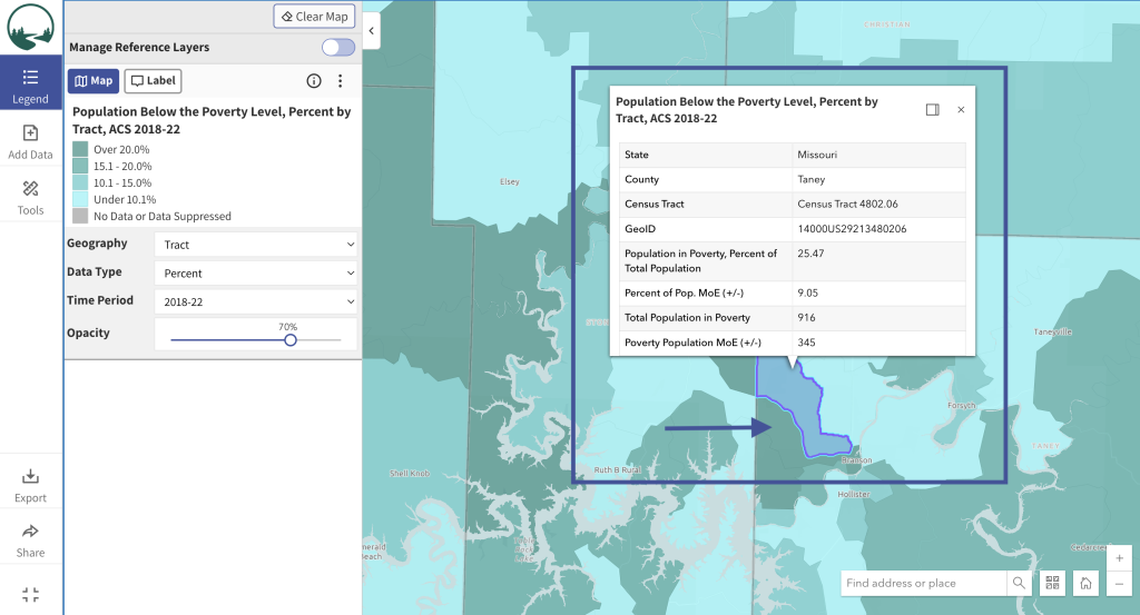 Step 5 of the map room. The picture shows a screenshot of an informational pop up in the map room. Users can click on any location on the map to activate an informational pop up. To close the pop up, click the x in the top right corner of the pop up window. 